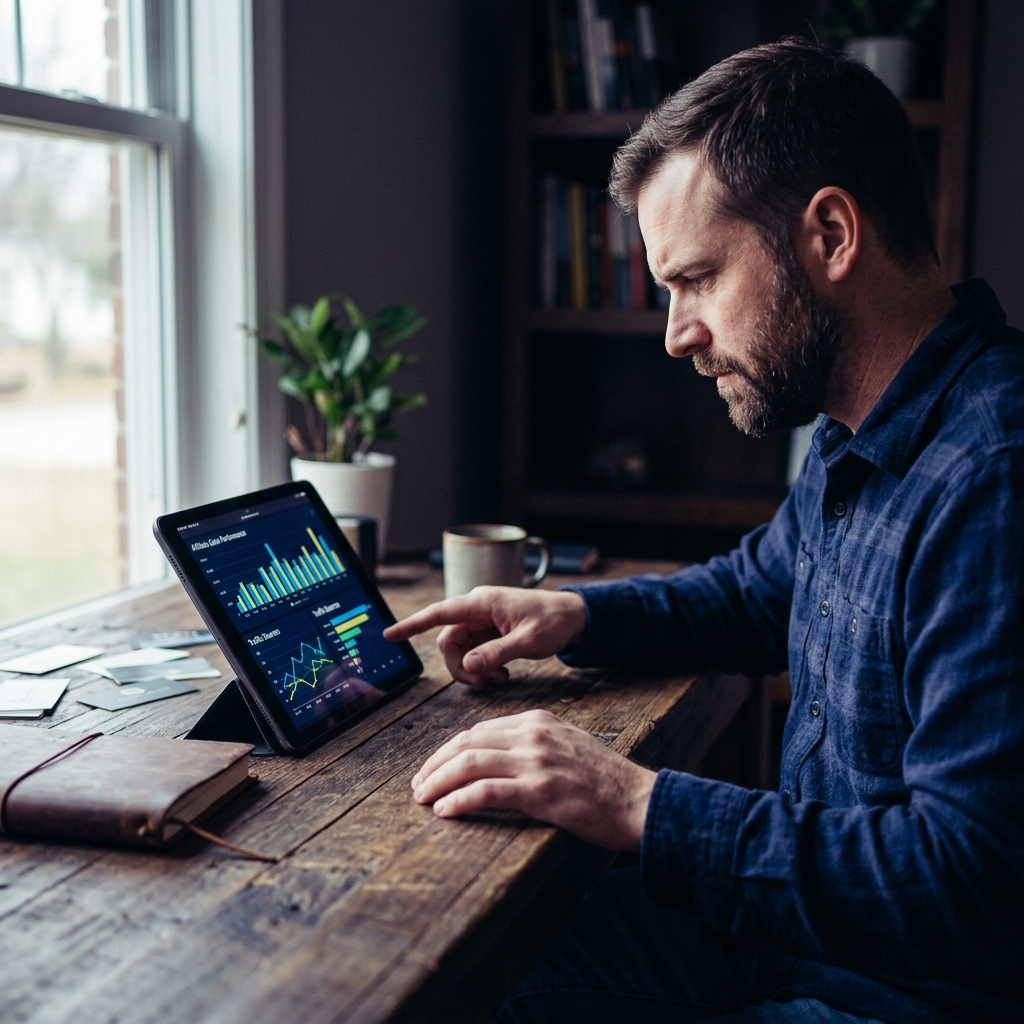 Entrepreneur reviewing affiliate partnership performance on a tablet