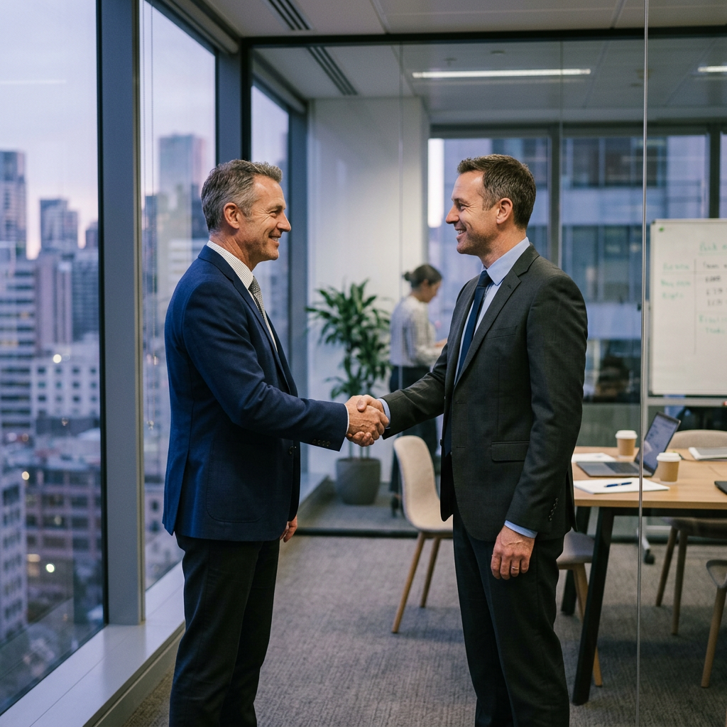Two business partners shaking hands after a strategy meeting