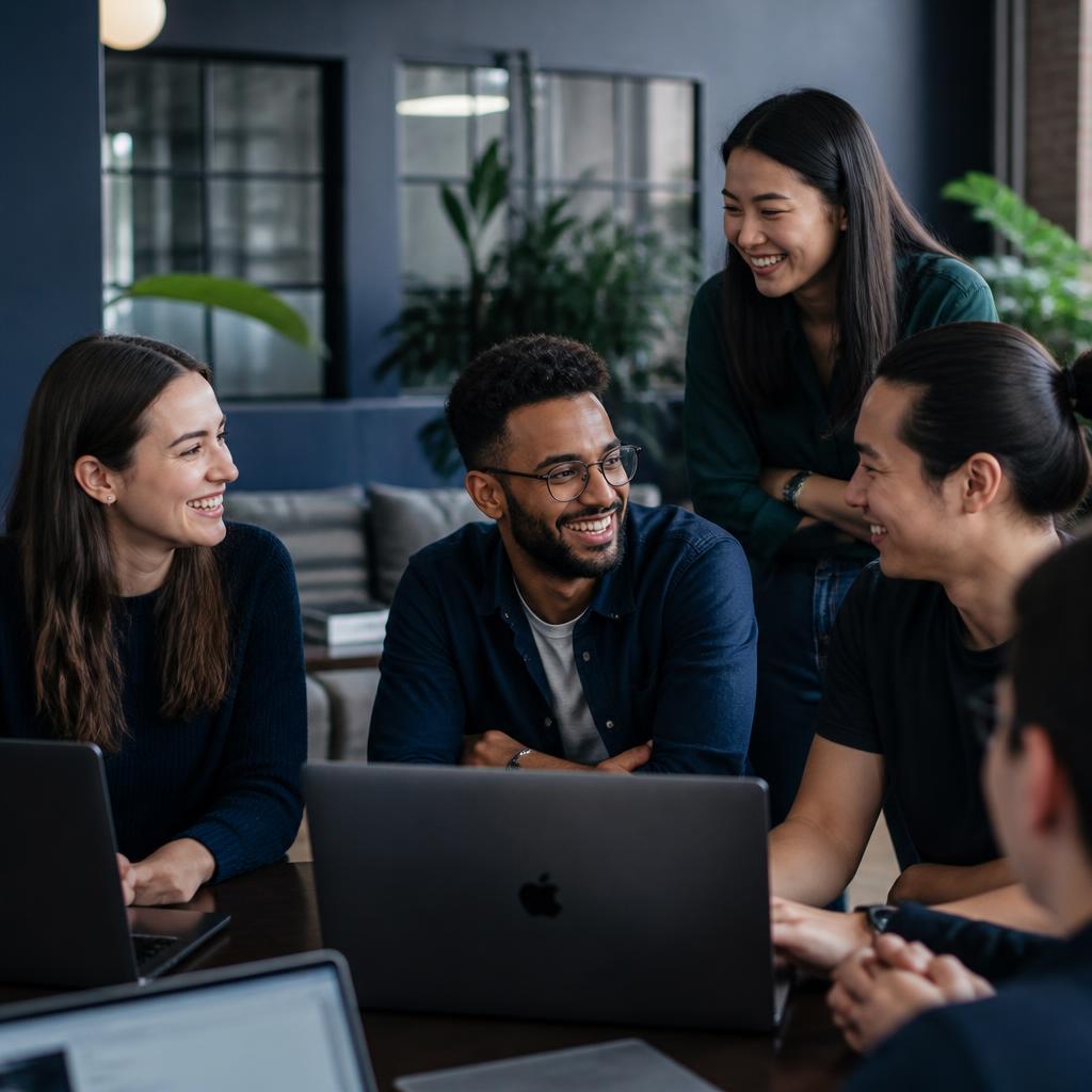 Members of a paid business community collaborating around laptops